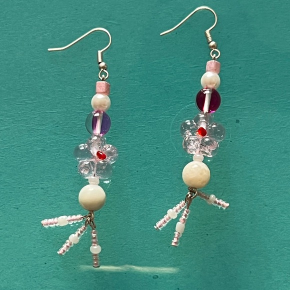 GIRLY HIPPIE - Pink White Silver - handmade natural amazonite hook earrings - Picture 6 of 11